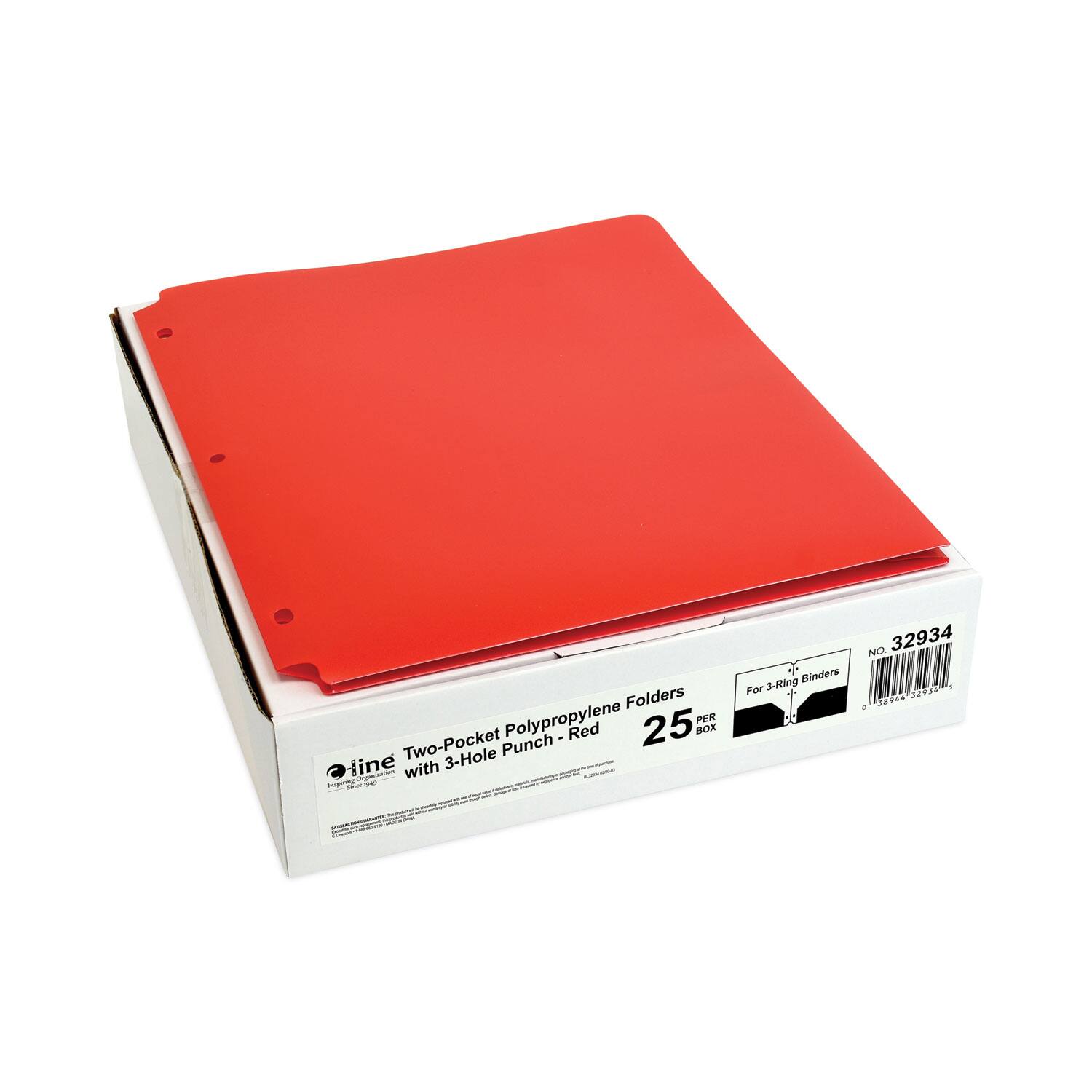 Two-Pocket Polypropylene Folders with 3-Hole Punch - Red  
25 per Box  
For 3-Ring Binders  
NO 32934