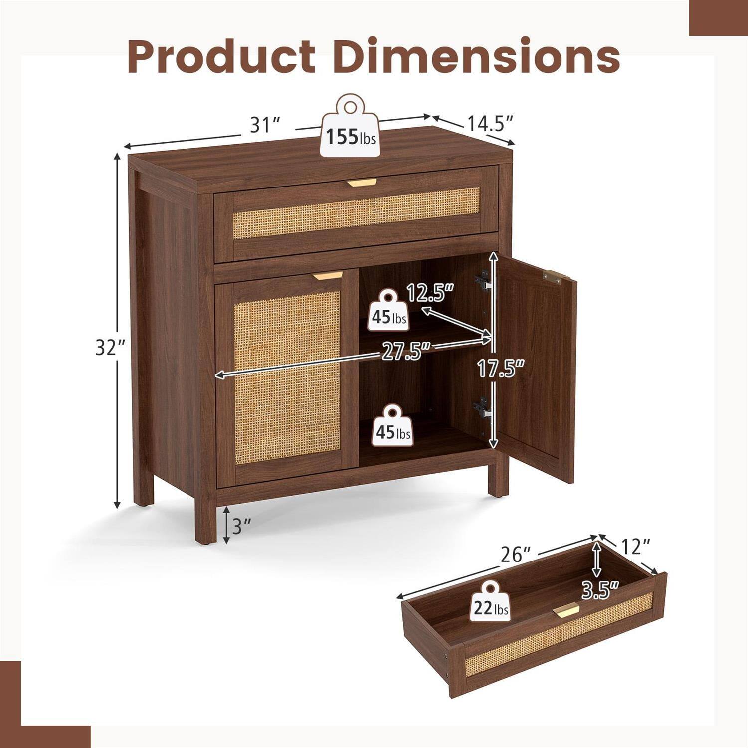 Product Dimensions:  
- Height: 32"  
- Width: 31"  
- Depth: 14.5"  
- Top Shelf Weight Capacity: 155 lbs  
- Drawer 1 (Top):  
  - Height: 12.5"  
  - Width: 27.5"  
  - Depth: 17.5"  
  - Weight Capacity: 45 lbs  
- Drawer 2 (Middle):  
  - Height: 12"  
  - Width: 26"  
  - Depth: 3.5"  
  - Weight Capacity: 22 lbs  
- Bottom Shelf Weight Capacity: 45 lbs