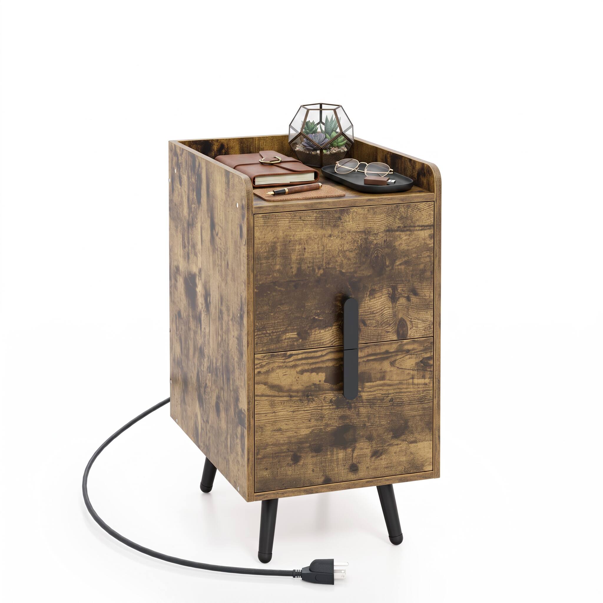 Back. WELLFOR - Nightstand Side Tables with 2 Drawers and 2 USB Ports - Rustic Brown.