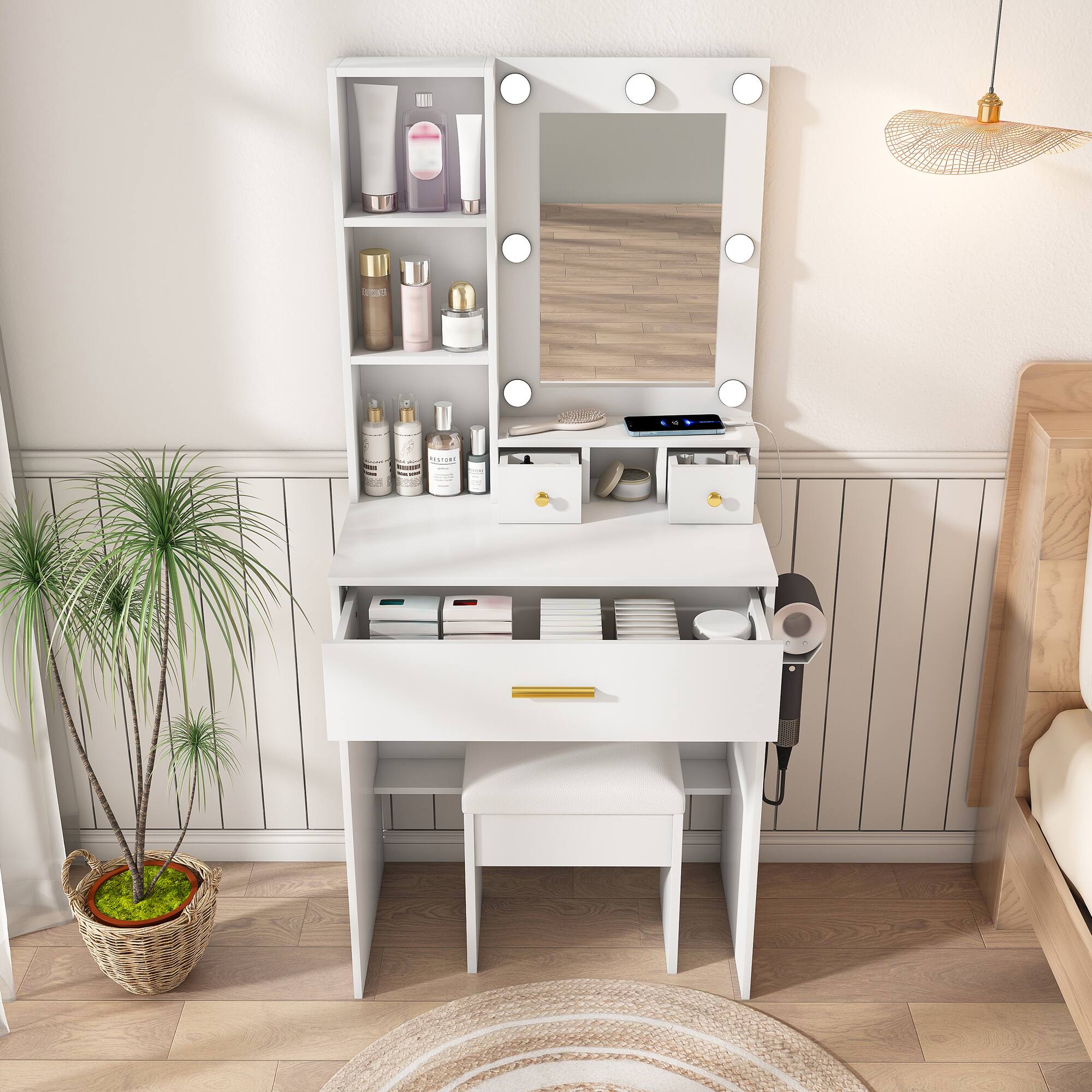 Left. Z-Edge - Makeup Vanity Desk with Mirror and Lights, Vanity Table Set with Drawer, Hair DryerHolder, Chair & 3 Shelves for Bedroom - White.