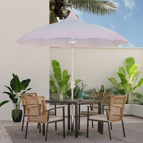 Left. Decksplore - 9ft Outdoor Pagoda Patio Umbrella with Lights, Patio Table Market Umbrella.