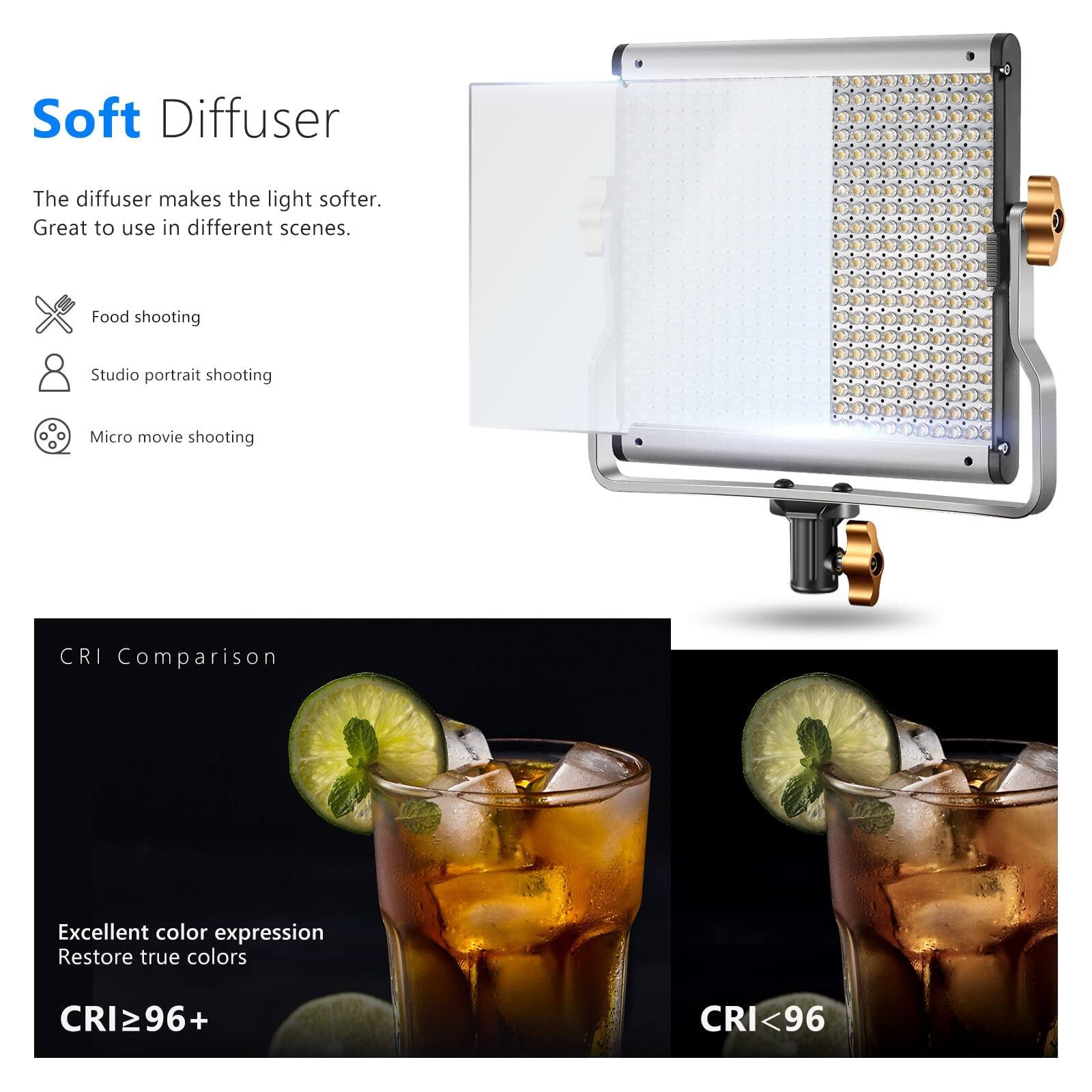 Soft Diffuser

The diffuser makes the light softer. Great to use in different scenes.

- Food shooting
- Studio portrait shooting
- Micro movie shooting

CRI Comparison

Excellent color expression  
Restore true colors  
CRI ≥ 96+  

CRI < 96