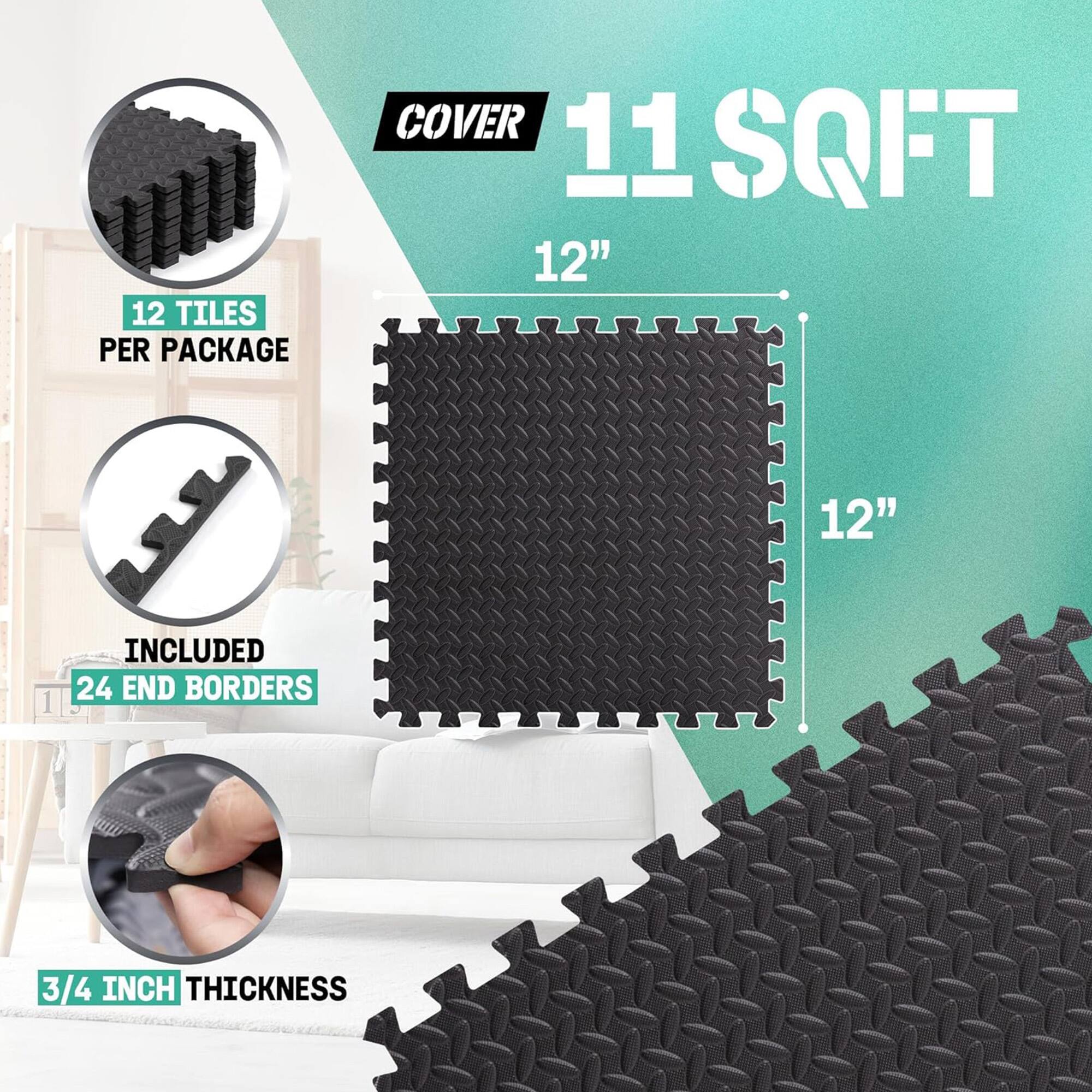 12 tiles per package  
Included 24 end borders  
Cover 11 sqft  
12" x 12"  
3/4 inch thickness