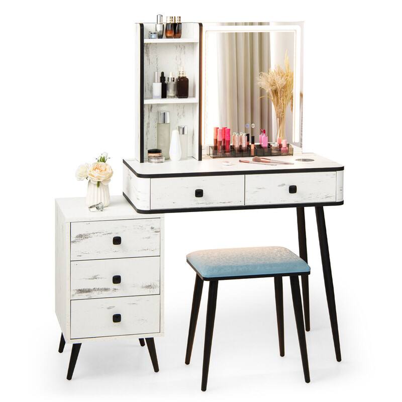 Front. WELLFOR - Vanity Makeup Table Set with Lighted Mirror & 5 Drawers, Makeup Vanity Storage Shelves & Cushioned Stool for Girls - White.