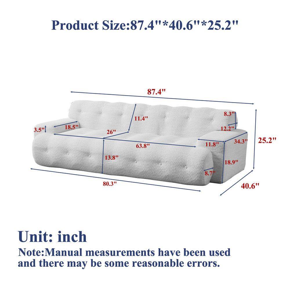 Product Size: 87.4" * 40.6" * 25.2"  
3.5"  
18.5"  
26"  
11.4"  
63.8"  
8.3"  
12.2"  
34.3"  
11.8"  
25.2"  
13.8"  
18.9"  
8.7"  
80.3"  
40.6"  

Unit: inch  

Note: Manual measurements have been used and there may be some reasonable errors.