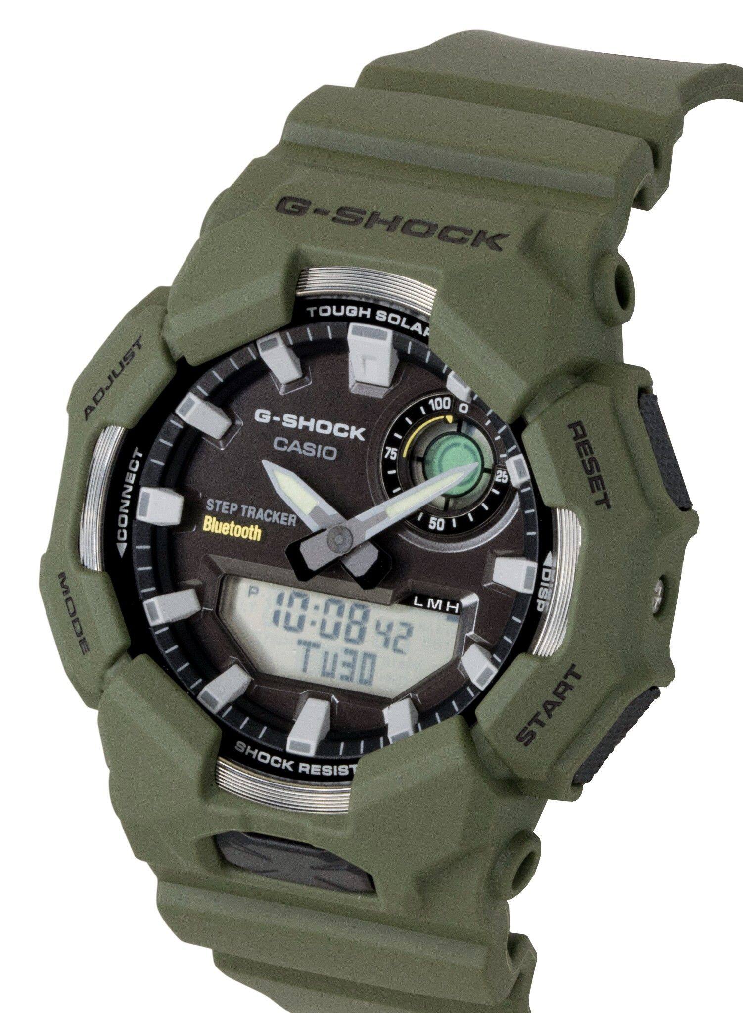 G-SHOCK ADJUST CONNECT MODE TOUGH SOLAR 100  
G-SHOCK CASIO 75 STEP TRACKER Bluetooth  
10:08 42 DEUT  
SHOCK RESIST 25  
RESET DISP START