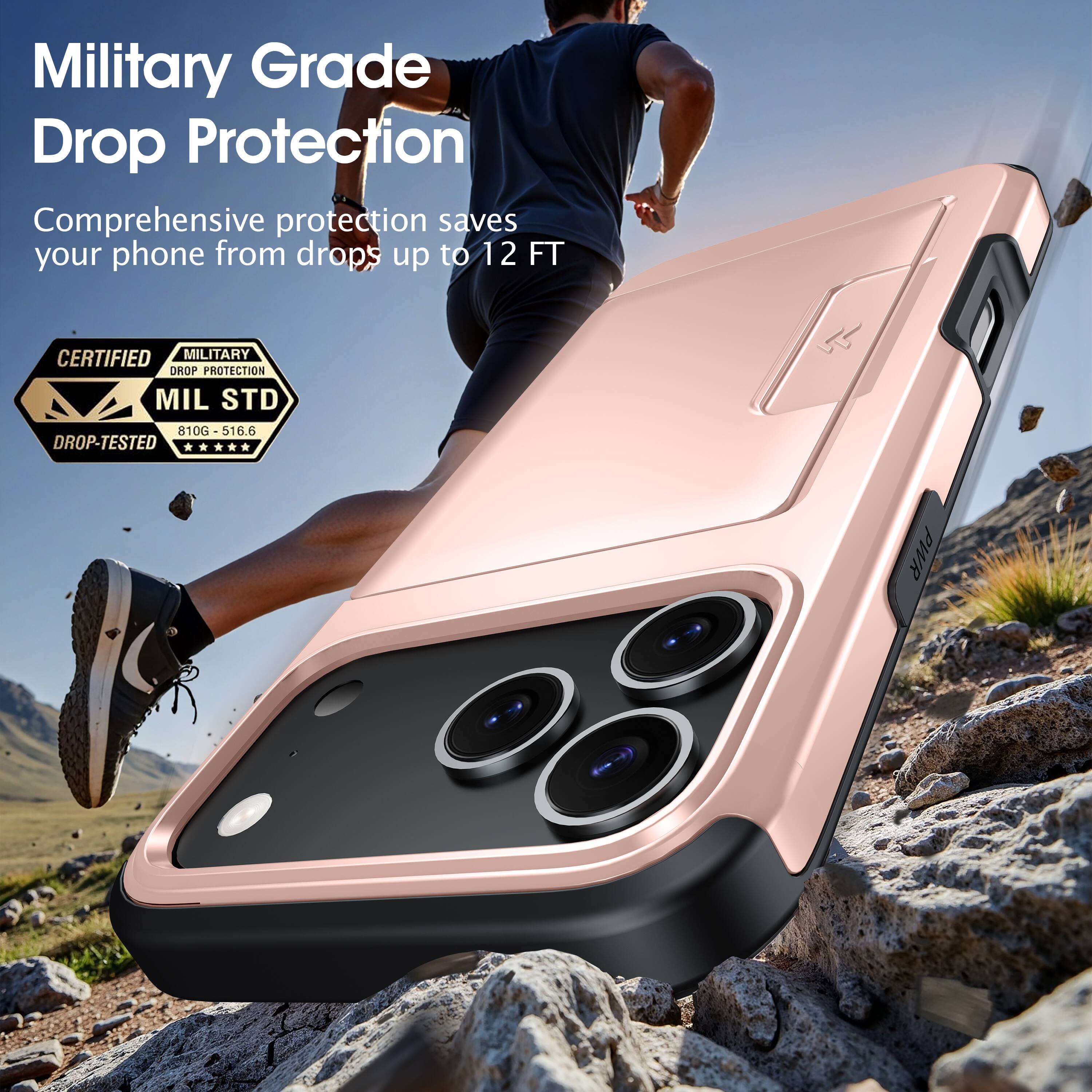 Military Grade Drop Protection  
Comprehensive protection saves your phone from drops up to 12 FT  

CERTIFIED MILITARY DROP PROTECTION  
MIL STD 810G-516.6 DROP-TESTED