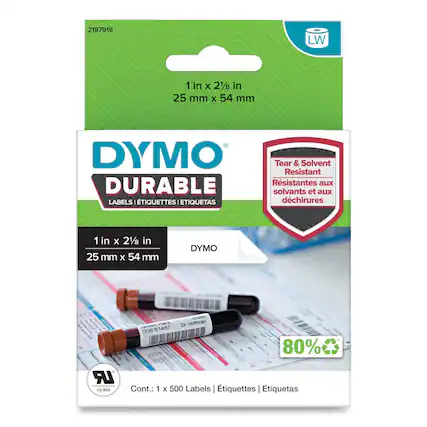 2187918 LW
1 in x 2 1/8 in
25 mm x 54 mm
DYMO DURABLE
LABELS | ÉTIQUETTES | ETIQUETAS
Tear & Solvent Resistant
Résistantes aux solvants et aux déchirures
80%
Cont.: 1 x 500 Labels | Étiquettes | Etiquetas
UL969