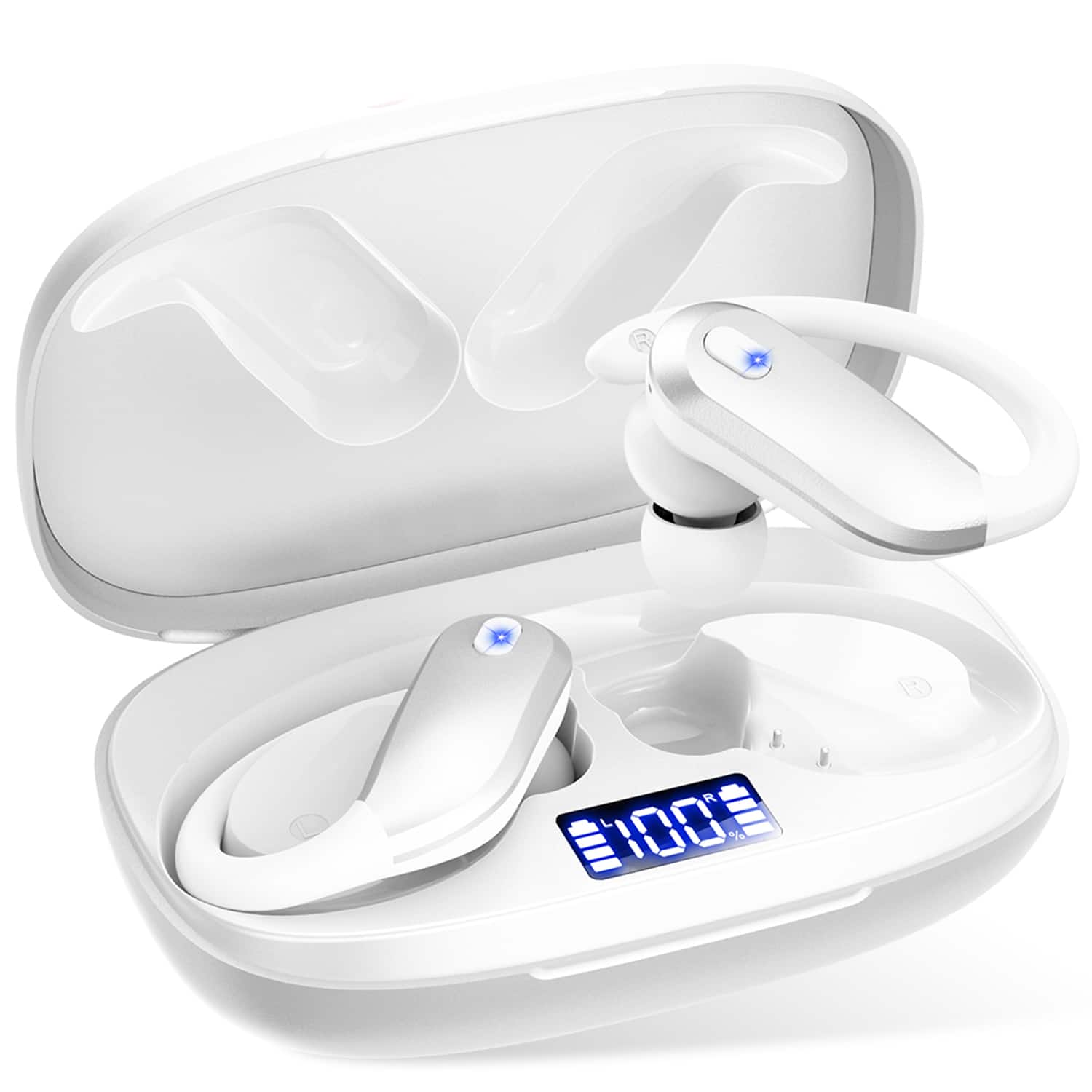 Breezio - Sports Wireless Earbuds Bluetooth 5.4 Earhooks, 80H Playtime, Noise Cancelling Mic, IPX7 Waterproof - White