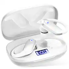 Front. Breezio - Sports Wireless Earbuds Bluetooth 5.4 Earhooks, 80H Playtime, Noise Cancelling Mic, IPX7 Waterproof - White.