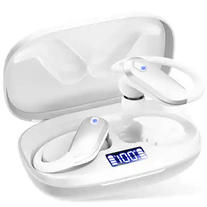 Front. Breezio - Sports Wireless Earbuds Bluetooth 5.4 Earhooks, 80H Playtime, Noise Cancelling Mic, IPX7 Waterproof - White.