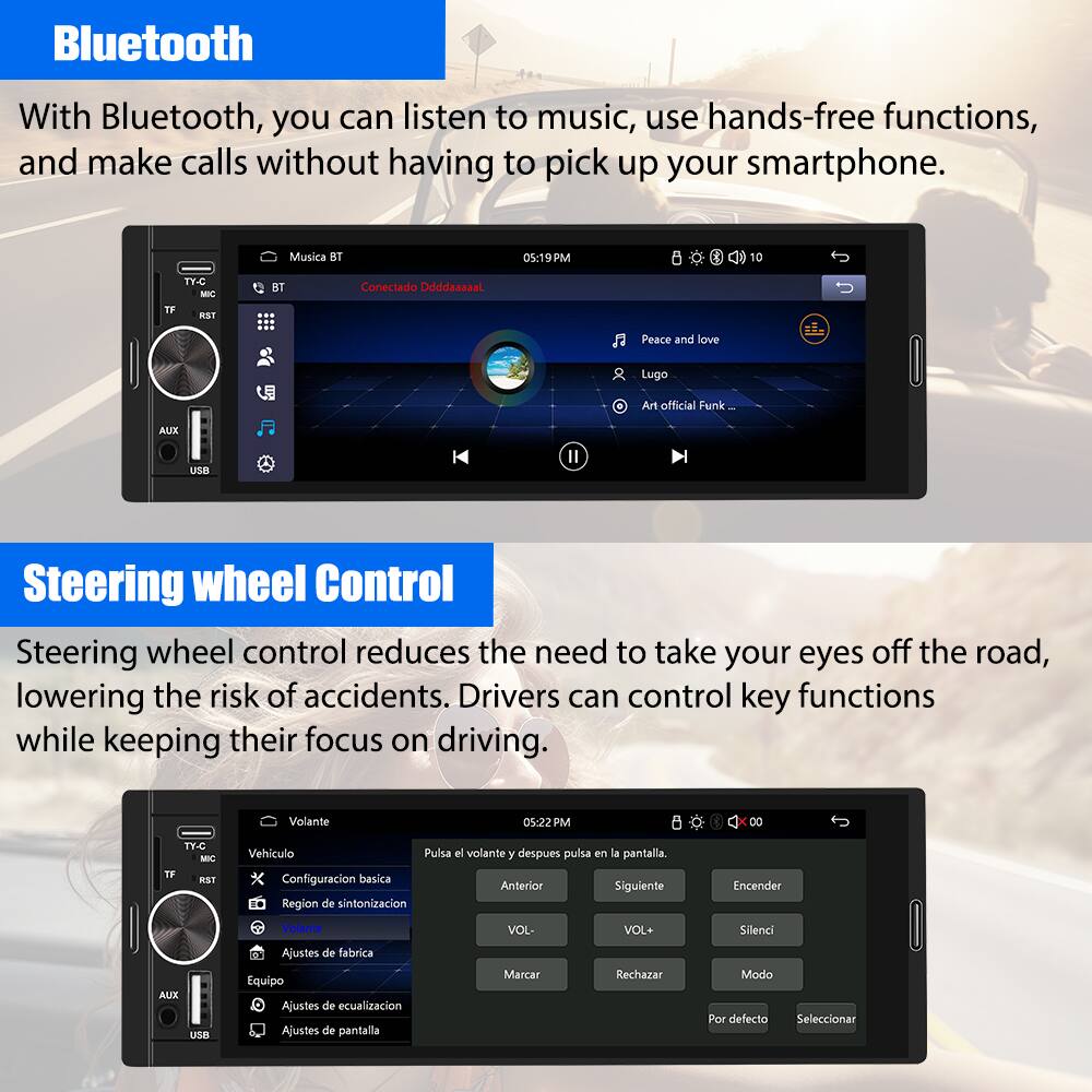 **Bluetooth**

With Bluetooth, you can listen to music, use hands-free functions, and make calls without having to pick up your smartphone.

**Steering wheel Control**

Steering wheel control reduces the need to take your eyes off the road, lowering the risk of accidents. Drivers can control key functions while keeping their focus on driving.