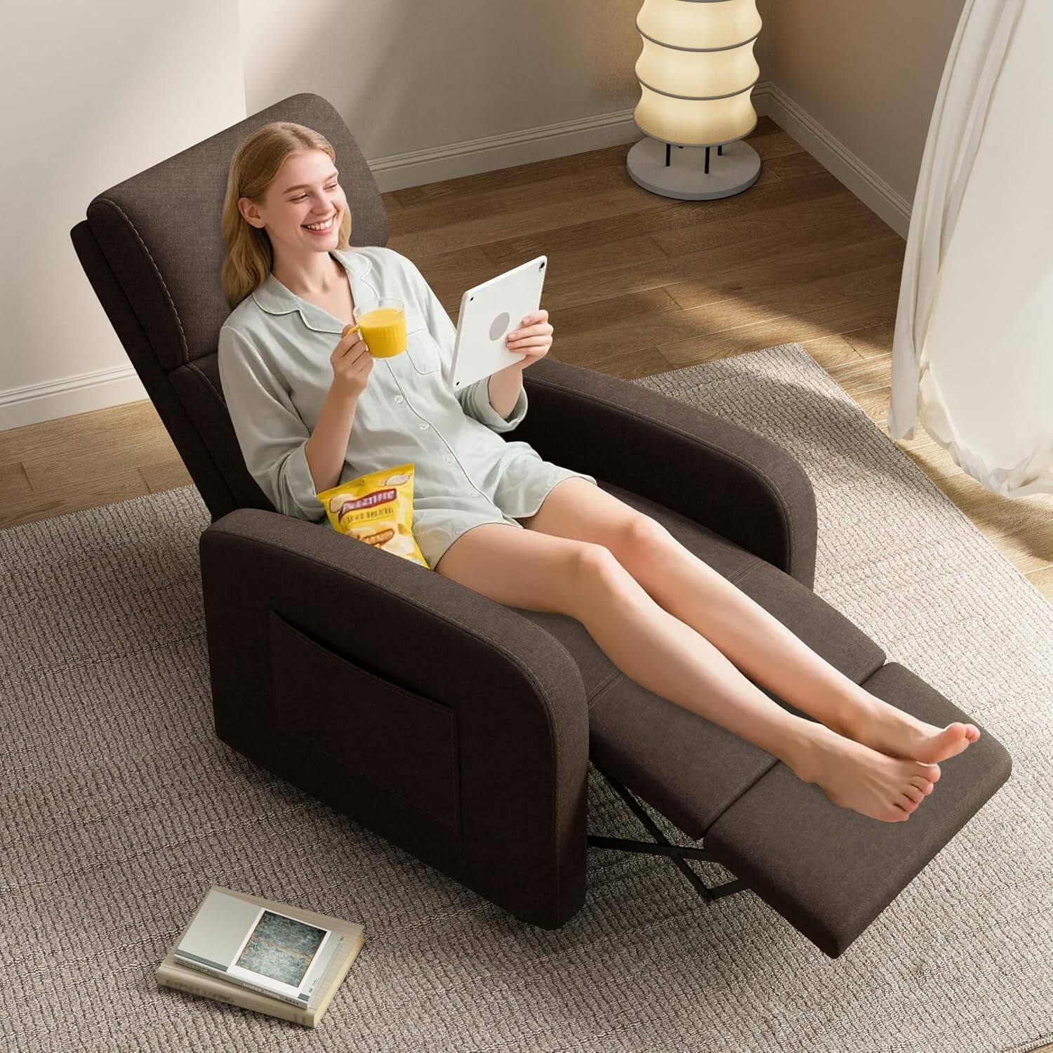 Alt View 1. Acekool - Linen Fabric Manual Recliner Chair,Adjustable Push Back Recliner,Lazy Lounge Chair for Living Room,Home Theater,Bedroom - Brown.