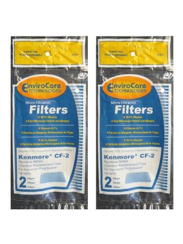 **EnviroCare Technologies**

**Micro Filtration Filters**

- 97.5% Filtration
- Trap Microscopic Particles and Allergens
- 99.9% Filtration
- Particulates and Allergens, Microscopic de Particulas
- 99.9% Filtration
- Particulates and Allergens, Microscopic de Particulas

**Kenmore® CF-2 Replacement Filter Chamber for Kenmore Progressive Uprights**

**2 Filters**

**A MUST FOR ALLERGY SUFFERERS!**