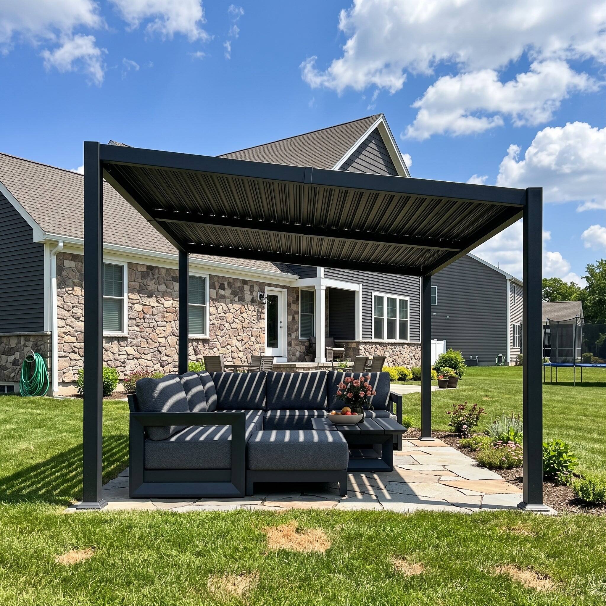 Angle. PURPLE LEAF - 10'×12' Louvered Pergola Slanted Roof Outdoor Aluminum Frame With Adjustable Rainproof roof for Patio Garden Yard - Gray.