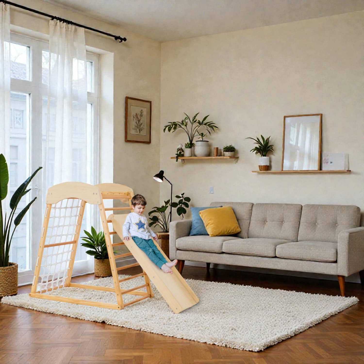 BreeBe - 6-in-1 Wooden Indoor Jungle Gym with Double Ramp and Monkey Bars - Natural