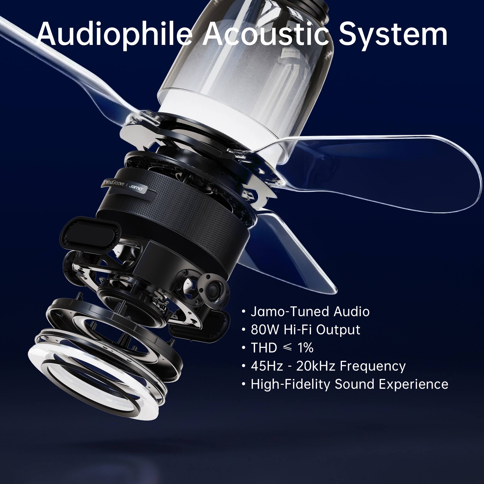 Audiophile Acoustic System

WindGcove - Jamo

- Jamo-Tuned Audio
- 80W Hi-Fi Output
- THD ≤ 1%
- 45Hz - 20kHz Frequency
- High-Fidelity Sound Experience