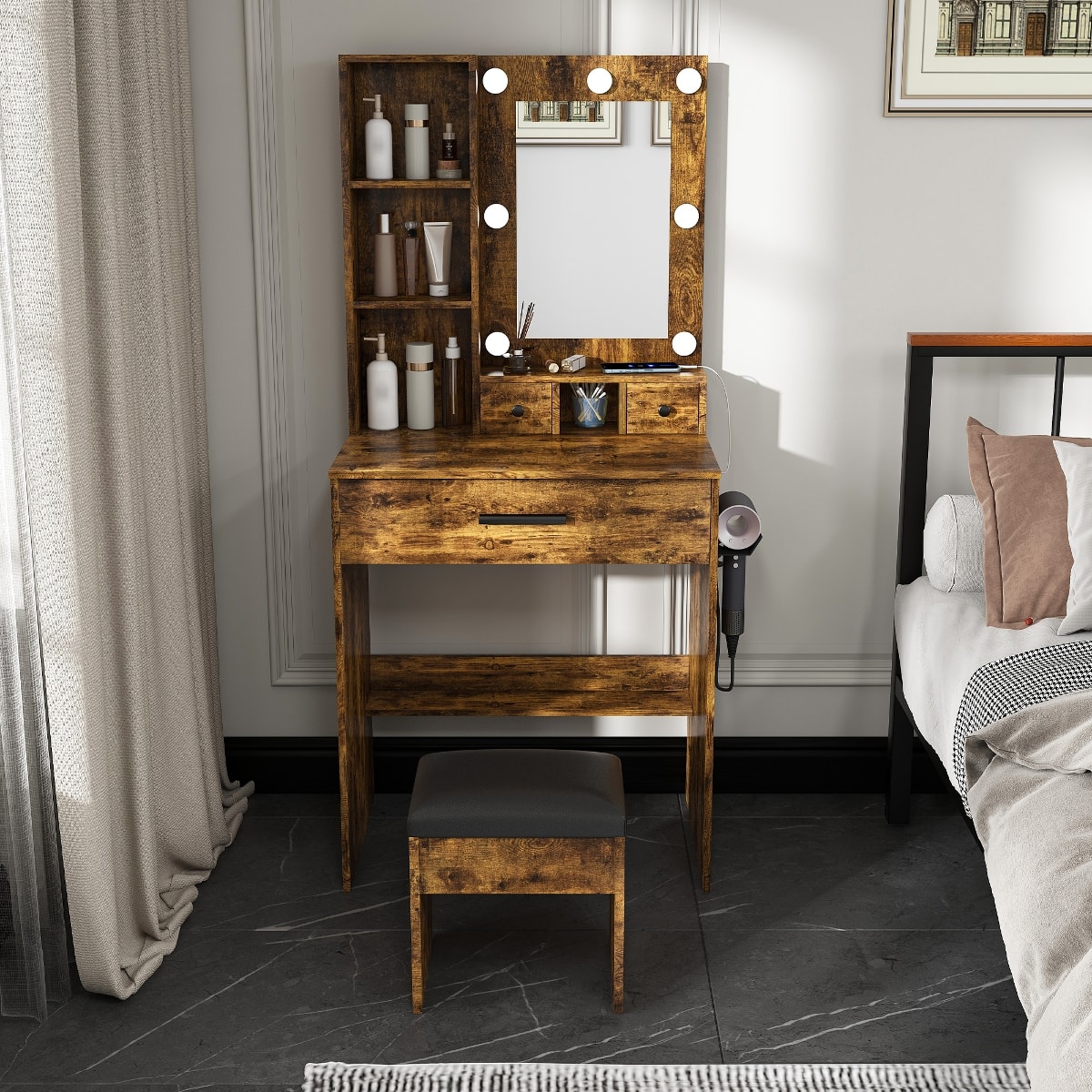 Loheer - Makeup Vanity with Mirror and LED Lights, Dressing Table with Stool for Bedroom - Vintage