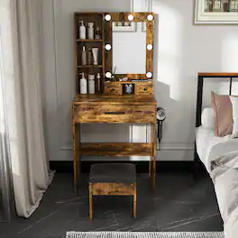 Loheer - Makeup Vanity with Mirror and LED Lights, Dressing Table with Stool for Bedroom - Vintage