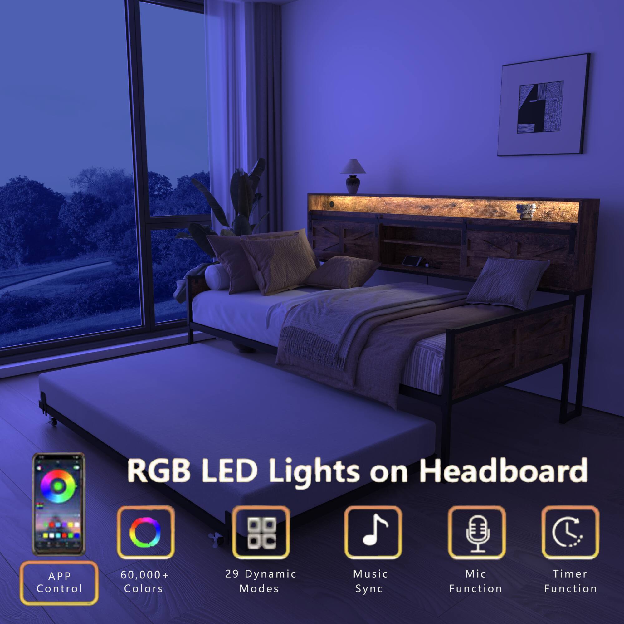 RGB LED Lights on Headboard

- APP Control
- 60,000+ Colors
- 29 Dynamic Modes
- Music Sync Function
- Mic Function
- Timer Function