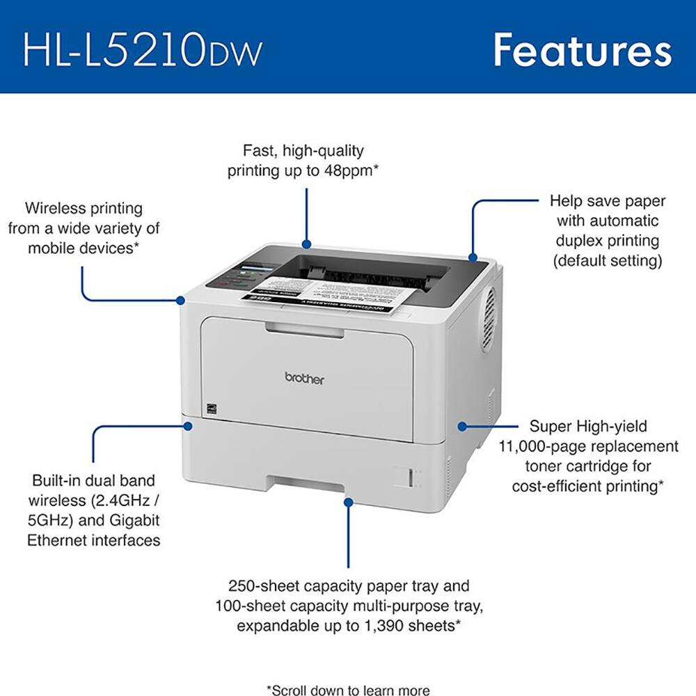 HL-L5210DW Features

- Wireless printing from a wide variety of mobile devices*
- Fast, high-quality printing up to 48ppm*
- Help save paper with automatic duplex printing (default setting)
- Built-in dual band wireless (2.4GHz / 5GHz) and Gigabit Ethernet interfaces
- Super High-yield 11,000-page replacement toner cartridge for cost-efficient printing*
- 250-sheet capacity paper tray and 100-sheet capacity multi-purpose tray, expandable up to 1,390 sheets*

*Scroll down to learn more