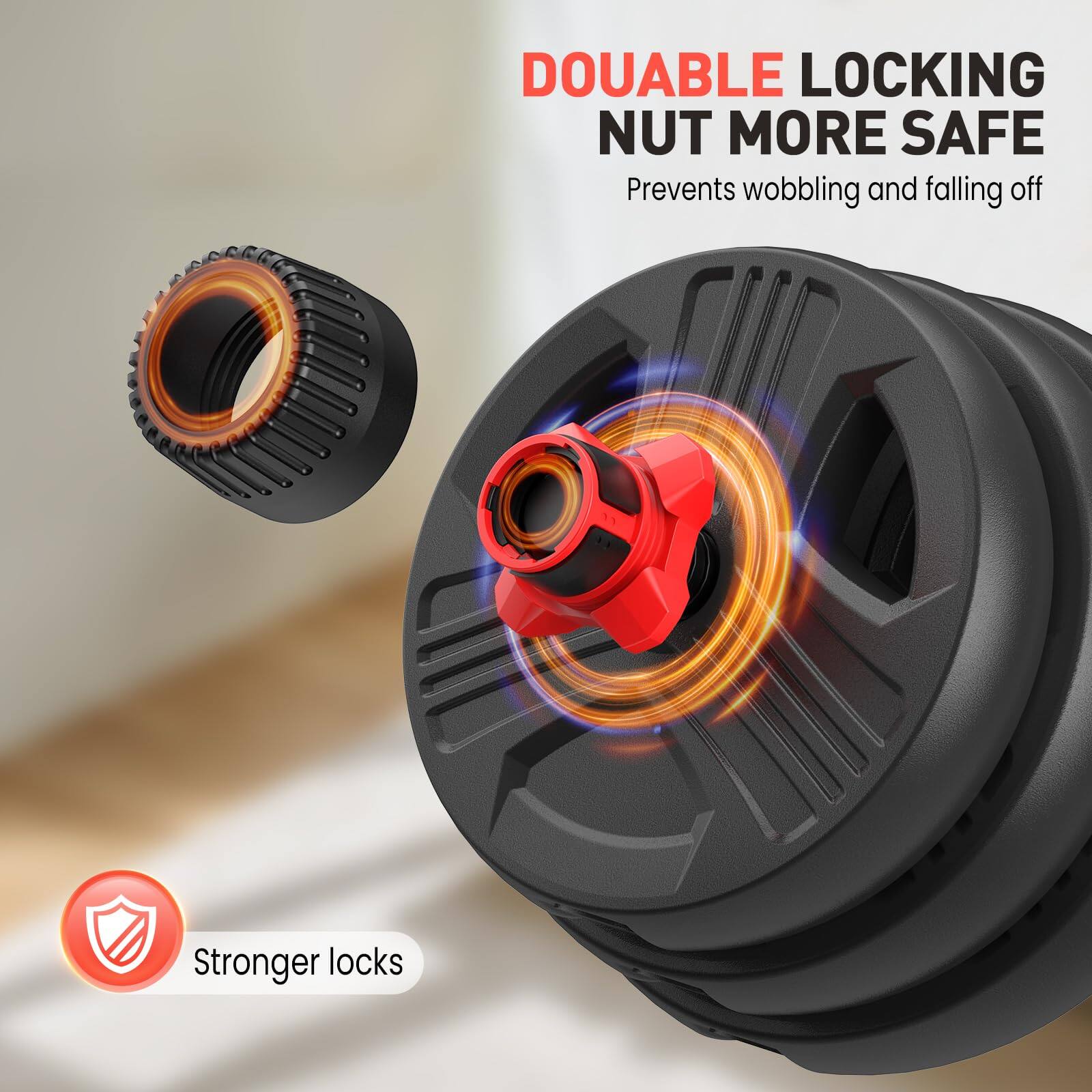 DOUABLE LOCKING NUT MORE SAFE  
Prevents wobbling and falling off  
Stronger locks