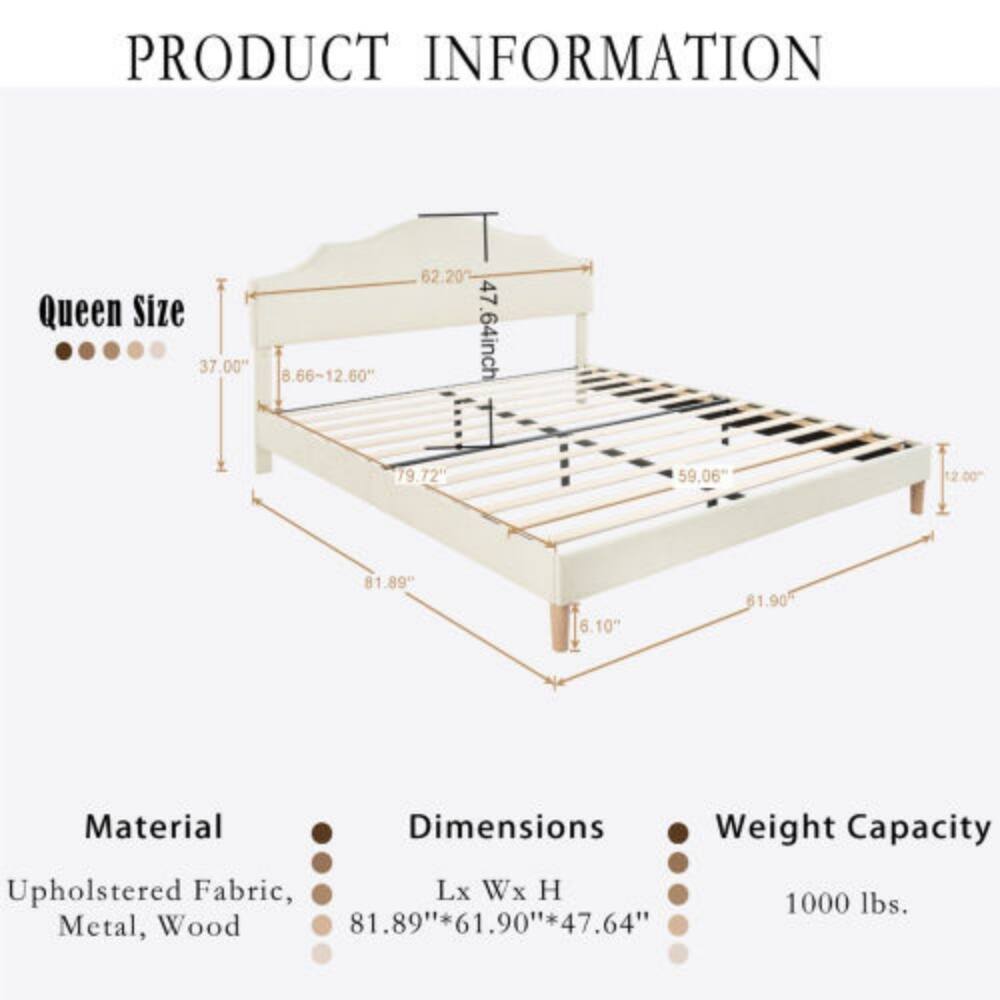 PRODUCT INFORMATION

Queen Size  
37.00"  
8.66~12.60"  
62.20"  
47.64"  
79.72"  
59.06"  
81.89"  
6.10"  
61.90"

Material: Upholstered Fabric, Metal, Wood

Dimensions: 81.89" x 61.90" x 47.64"

Weight Capacity: 1000 lbs.