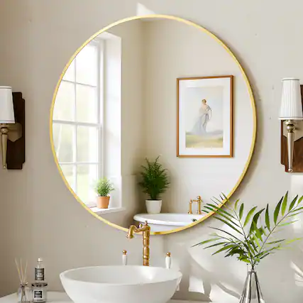 Front. Easly - Gold 36 in. W x 36 in. H Round Aluminum Alloy Frame Vanity Wall Mirror - Gold.