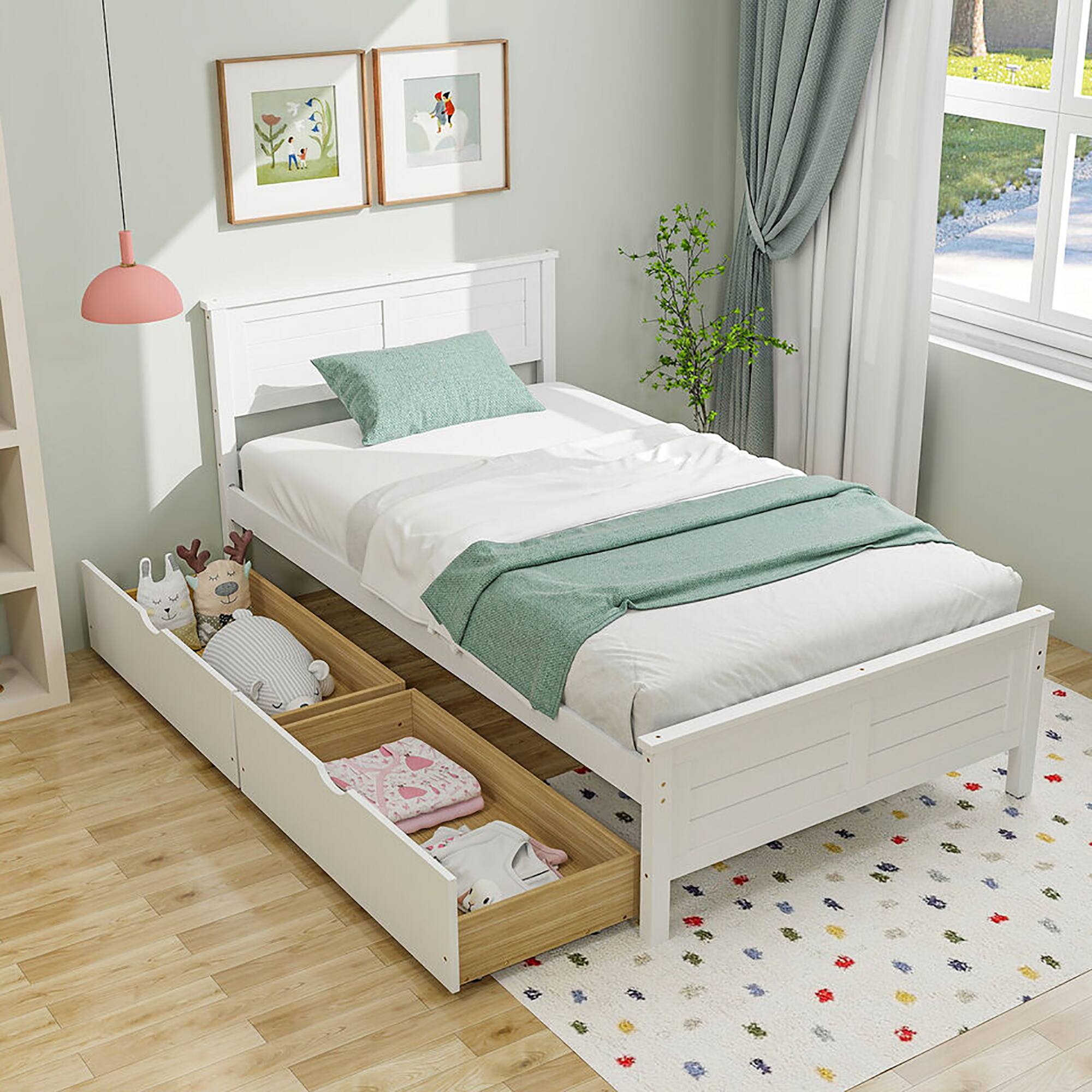 Alt View 1. Gymax - Gymax Twin Size Wooden Bed Frame w/ 2 Storage Drawers & Under-bed Storage White - White.