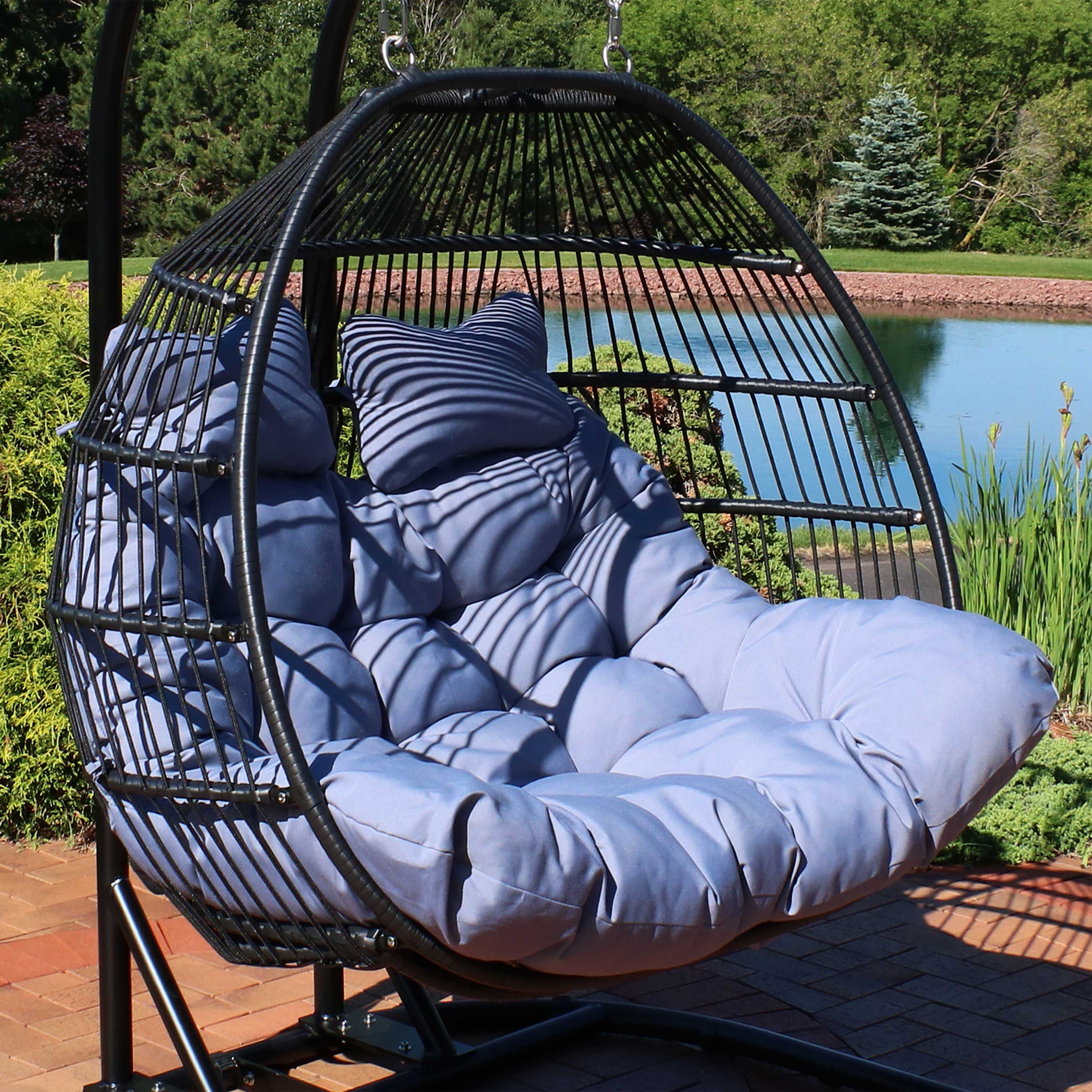 Alt View 4. Sunnydaze - Black Resin Wicker Loveseat Hanging Egg Chair with Cushion - Grey.