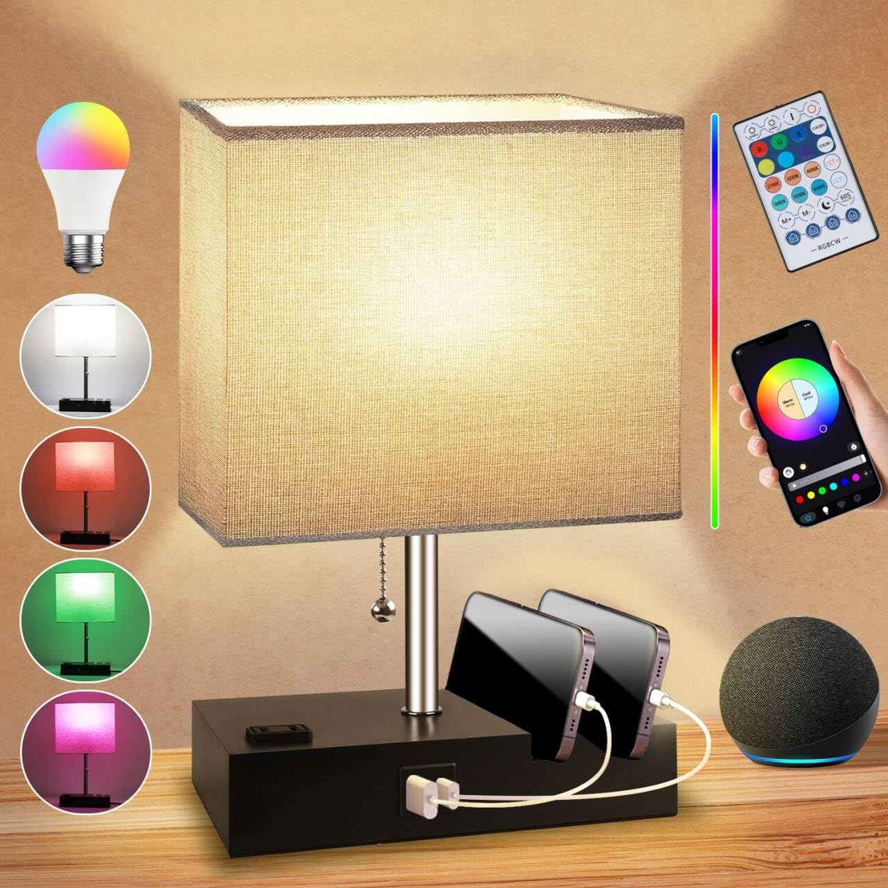 Stamp n Camp - Smart RGB Dimmable Table Lamp Work with Alexa&APP&Remote Control Bedside Desk Lamp with Charging Ports&Outlet&Phone - Grey-Smart RGB