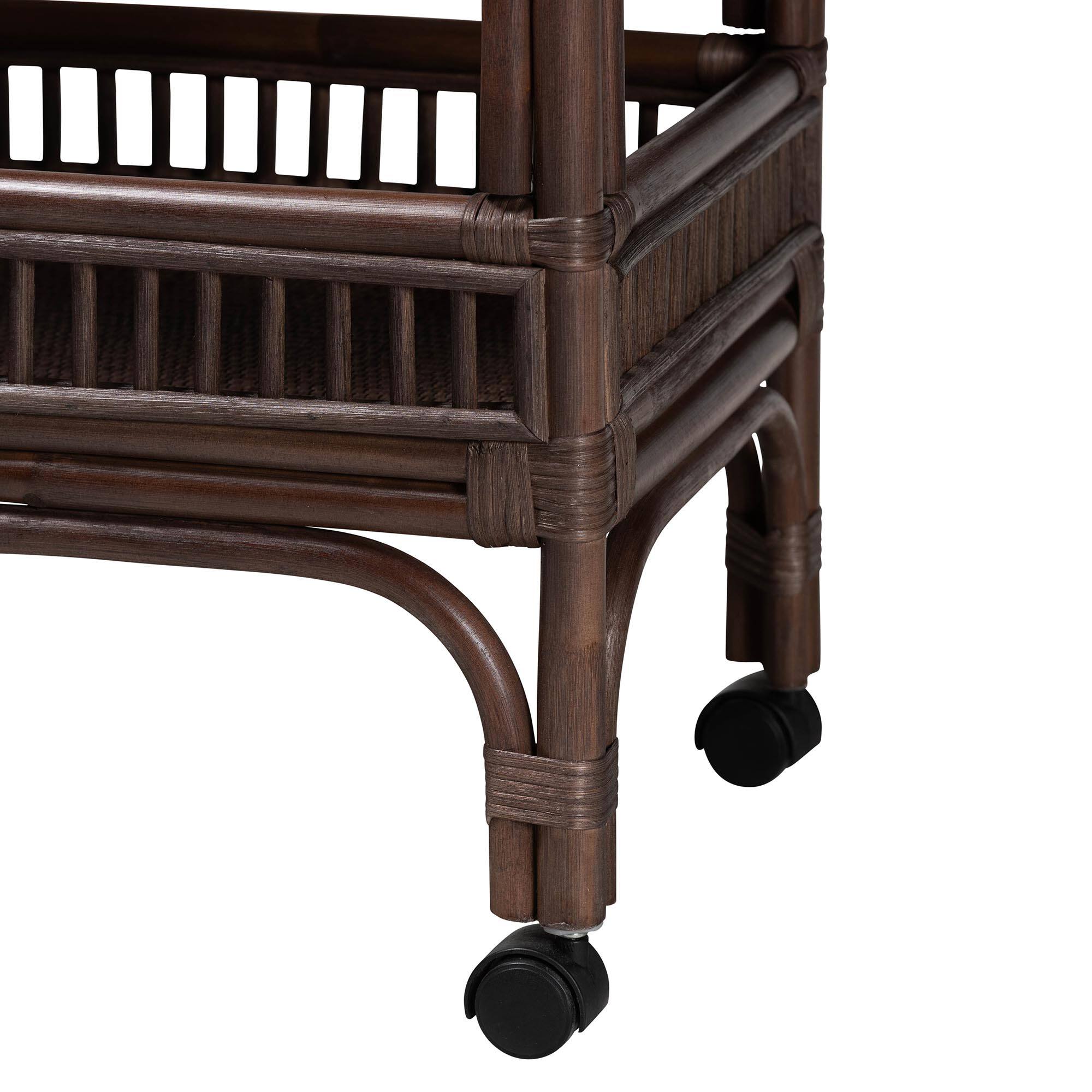 Alt View 1. bali & pari - Lombok Natural Rattan Wine Cart - Handwoven Wicker 2-Tier Mobile Bar Cart with Raised Tray Top - Coffee Bean.