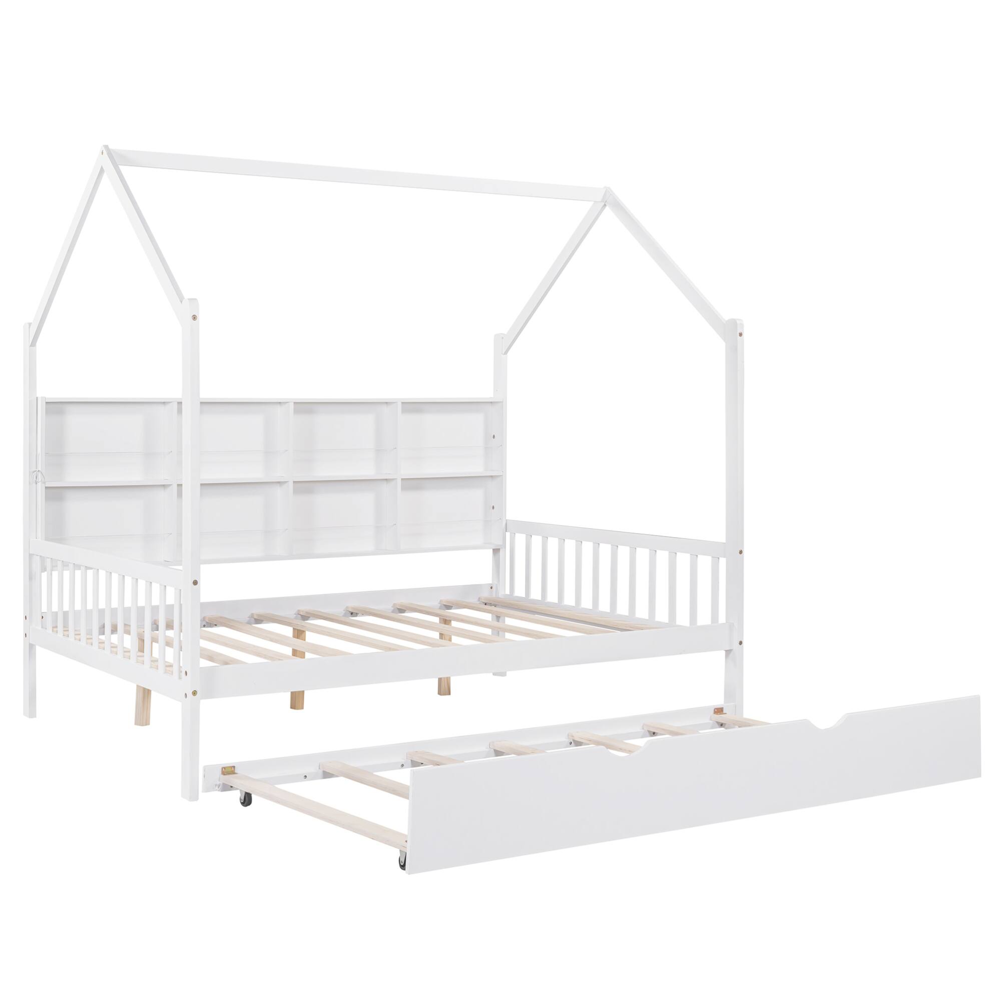 Alt View 1. GOODSILO - Full Size Wooden House Bed with Trundle and Back Shelf for Kids - Timeless Design - White.