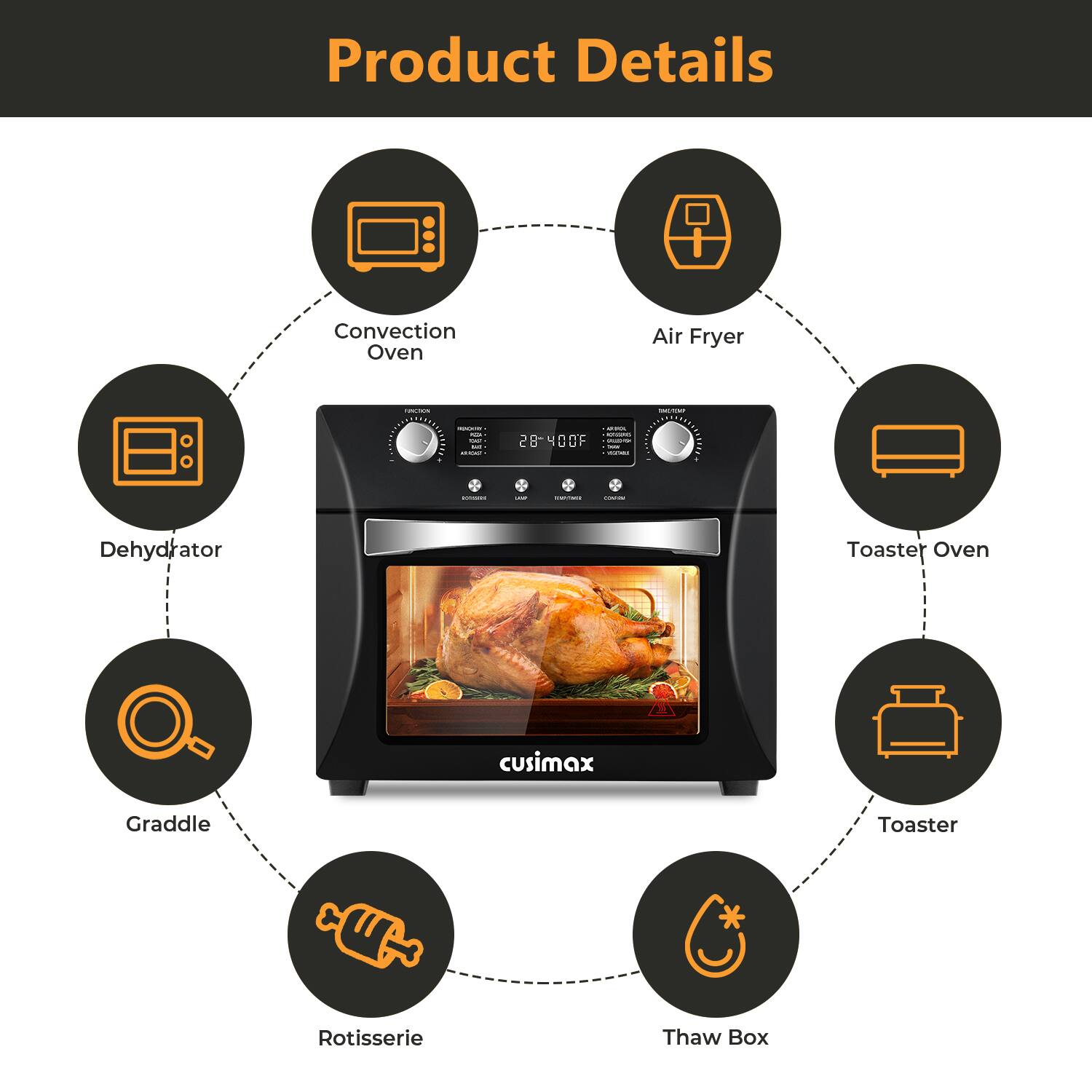 Product Details

- Convection Oven
- Air Fryer
- Dehydrator
- Toaster Oven
- Griddle
- Rotisserie
- Toaster
- Thaw Box