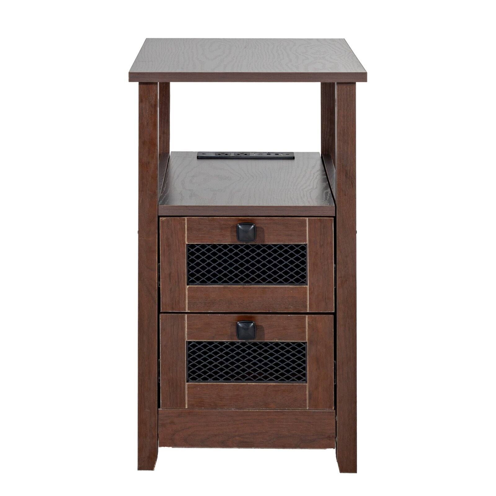 Alt View 9. Glintex - Farmhouse End Table with Charging Station, 4-Tier Storage Side Table with Drawers and Outlets for Bedroom - Brown.