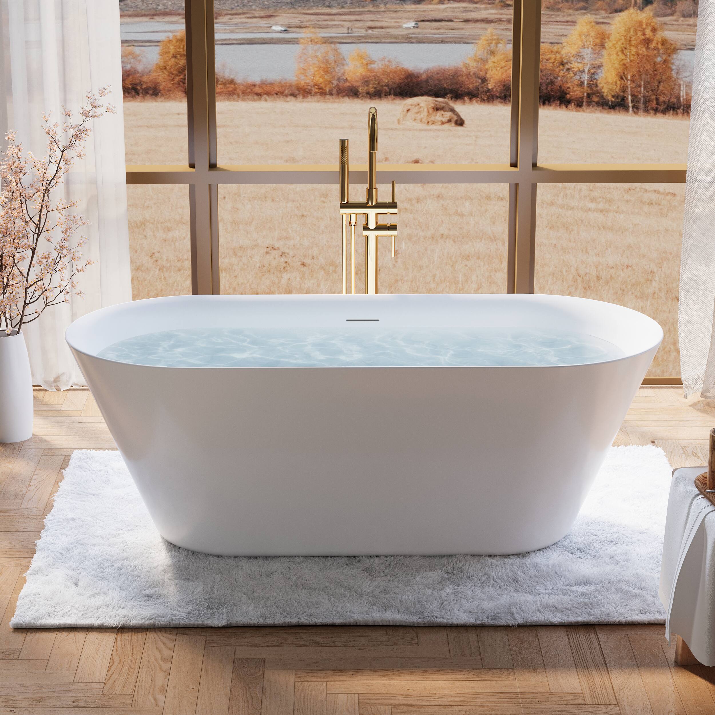 Front. WELLFOR - Sable 66 in. Acrylic Flat Bottom Double Ended Freestanding Soaking  Bathtub with Drain and Overflow - White.