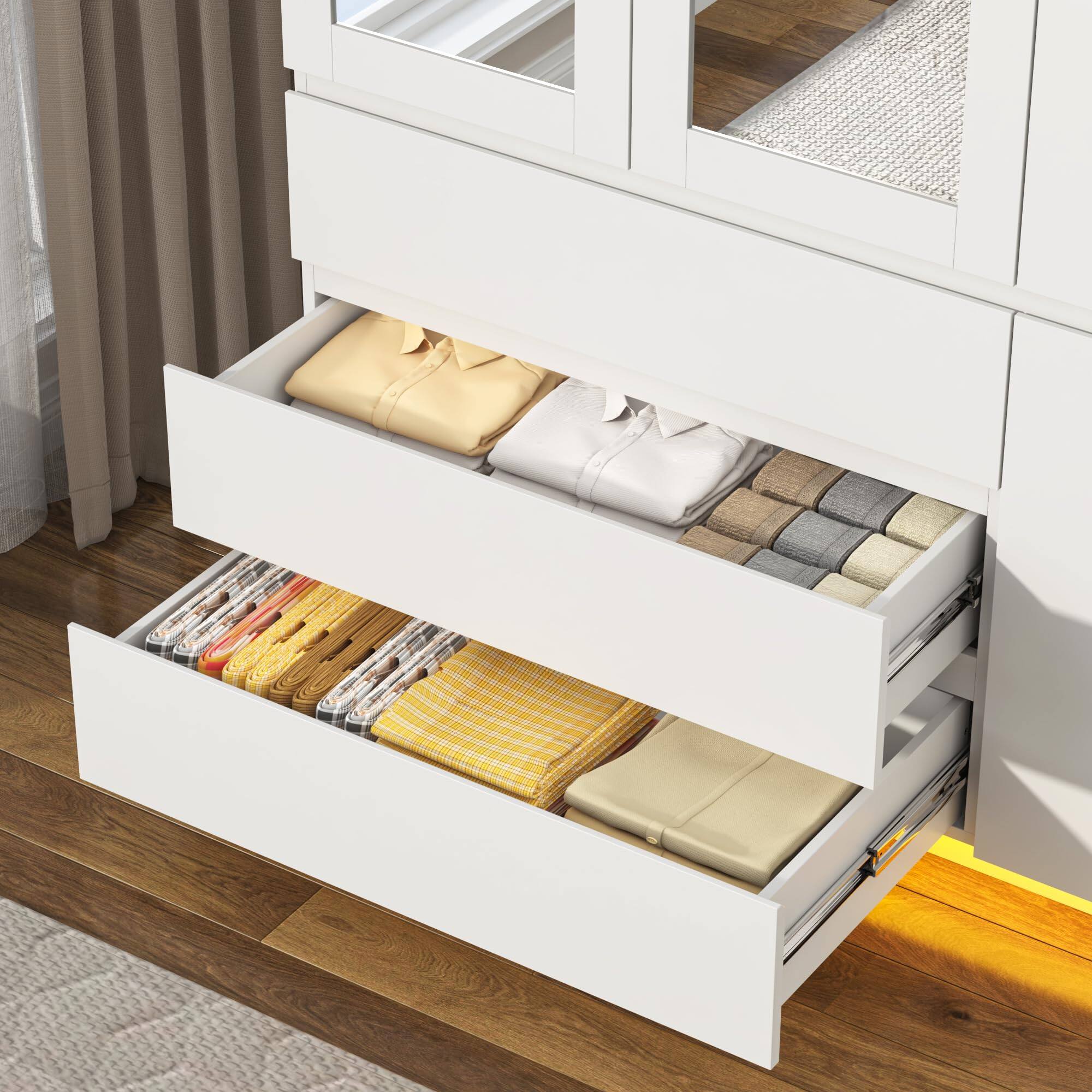 Alt View 5. Lent Glitter Wood - 3 Doors Armoire Wardrobe Closet with 3 Drawers Mirror, Modern Wooden Bedroom Armoires with Hanging Rod Led Lights - white.