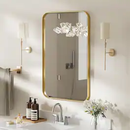 LOVMOR - 20 in. W x 30 in. H Modern Rectangular Aluminum Framed Wall Bathroom Vantiry Mirror in Brush - Gold