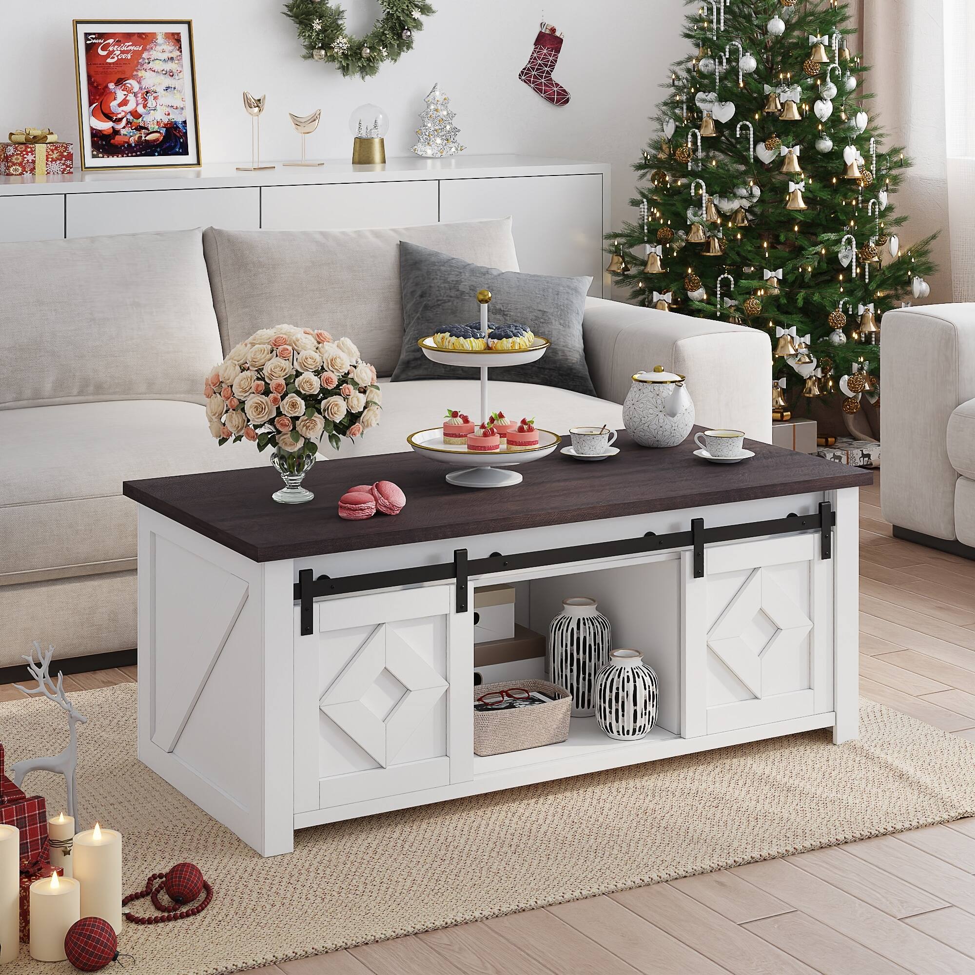 Left. U-HOMY - Lift Top Coffee Table with Storage and Sliding Barn Doors, Farmhouse Center Table for Living Room - White.