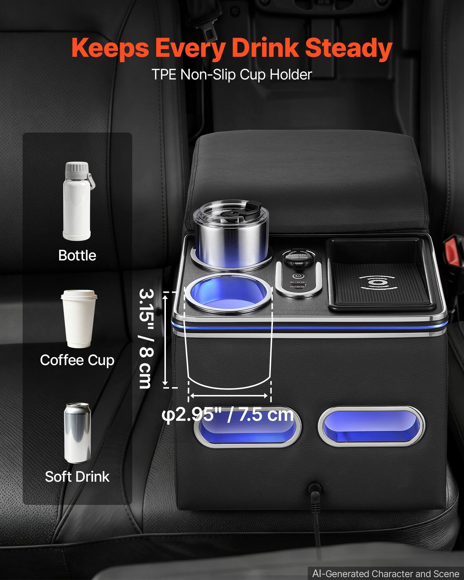 Keeps Every Drink Steady  
TPE Non-Slip Cup Holder

Bottle  
Coffee Cup  
3.15" / 8 cm  
2.95" / 7.5 cm  
Soft Drink

AI-Generated Character and Scene