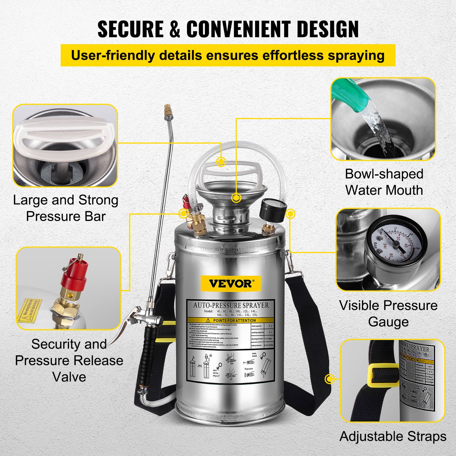 SECURE & CONVENIENT DESIGN  
User-friendly details ensure effortless spraying  

- Large and Strong Pressure Bar  
- Bowl-shaped Water Mouth  
- Security and Pressure Release Valve  
- Visible Pressure Gauge  
- Adjustable Straps  

AUTO-PRESSURE SPRAYER  
VEVOR