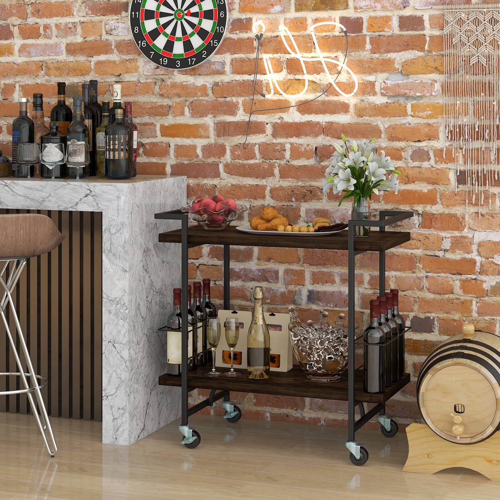 Alt View 8. Ecooso - 2-Tier Home Bar Cart with Lockable Wheels, Heavy-Duty Metal Frame for Kitchen or Bar - Rustic brown.