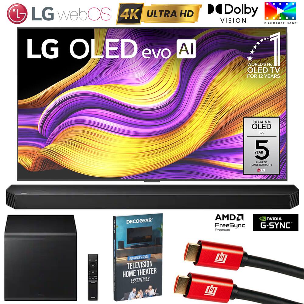 LG webOS 4K ULTRA HD LG OLED evo AI  
Dolby VISION FILMMARES MODE  
WORLD'S No. 1 OLED TV FOR 12 YEARS  
PREMIUM OLED G5  
YEAR 5 LIMITED PANEL WARRANTY  
LO DECOGEAR  
AMD2 NVIDIA FreeSync G-SYNC Premium  
BEGINNER'S GUIDE  
TELEVISION HOME THEATER ESSENTIALS