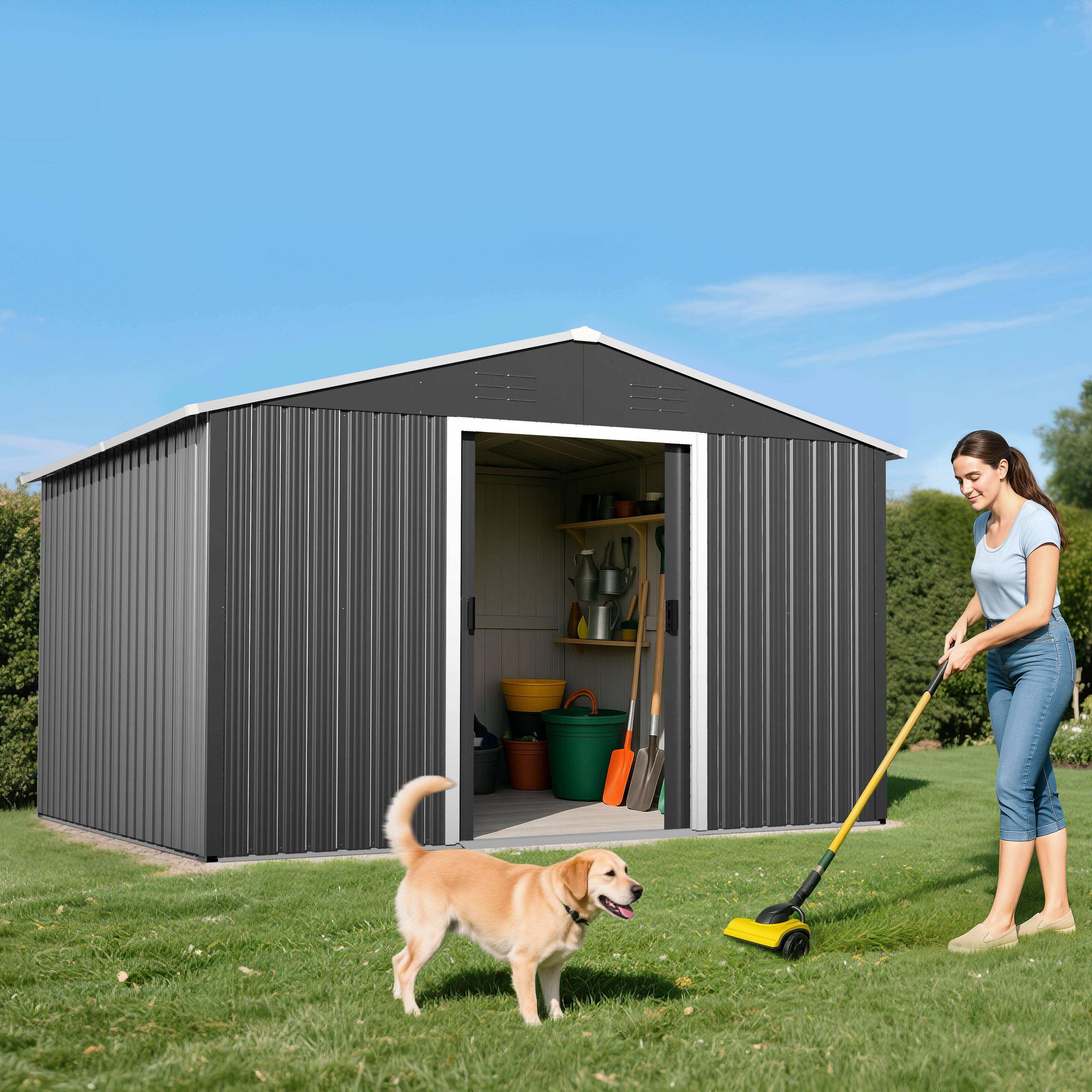 Left. Nuu Garden - Garden Storage Shed Galvanized Sheet Tool Shed with Sliding Doors - Dark Gray.