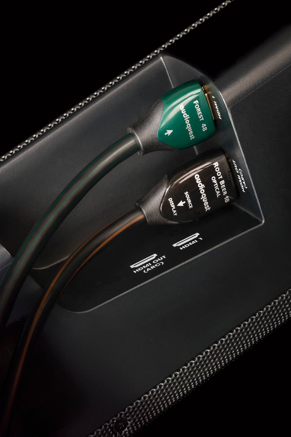 The image shows a pair of cords, one green and one black, with a label that reads "Forest HDMI." The cords are connected to a device, possibly an HDMI audioquest, and are designed for use with a display and a source. The cords are labeled with instructions for proper use, ensuring that users can enjoy the best possible audio and video quality.