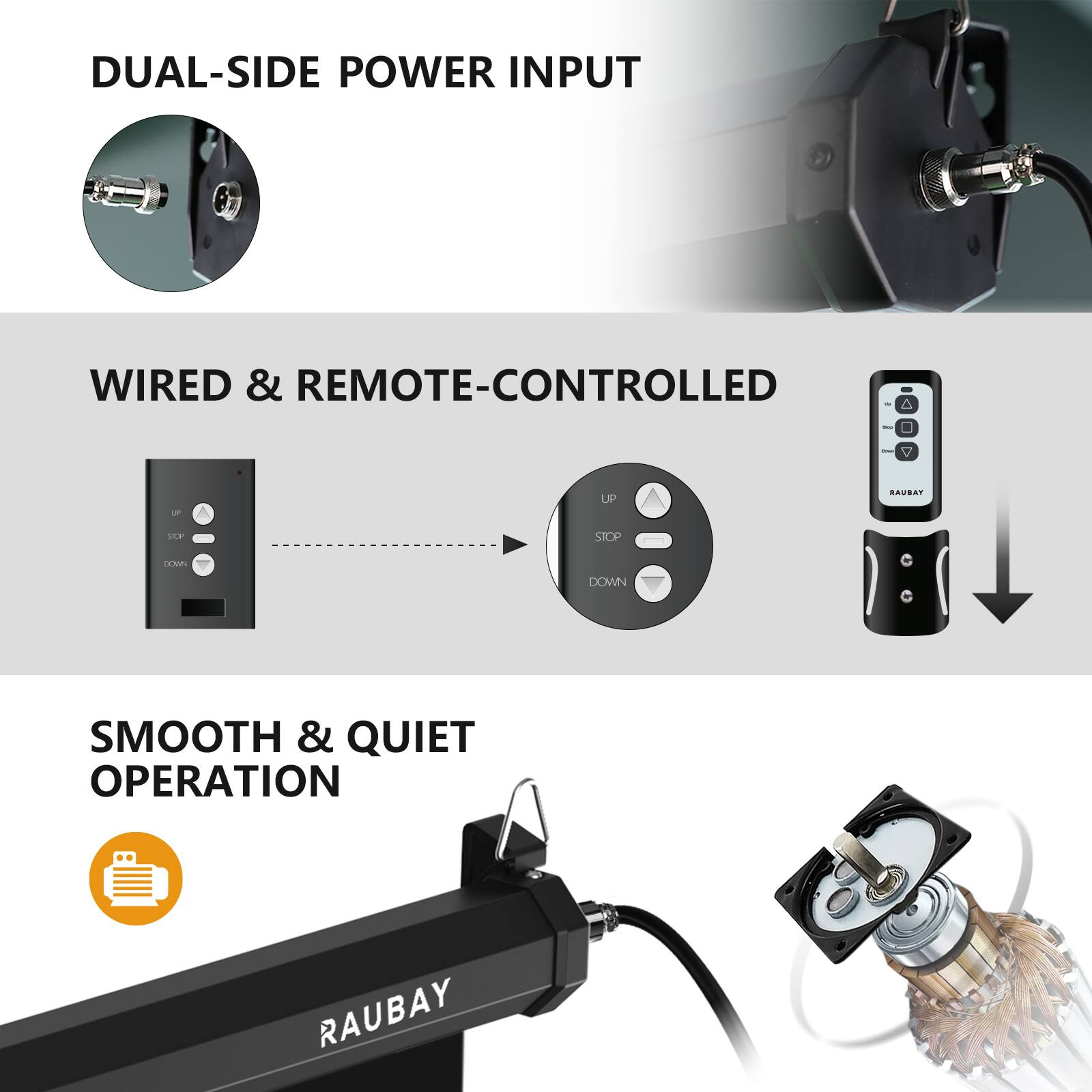 DUAL-SIDE POWER INPUT

WIRED & REMOTE-CONTROLLED

SMOOTH & QUIET OPERATION