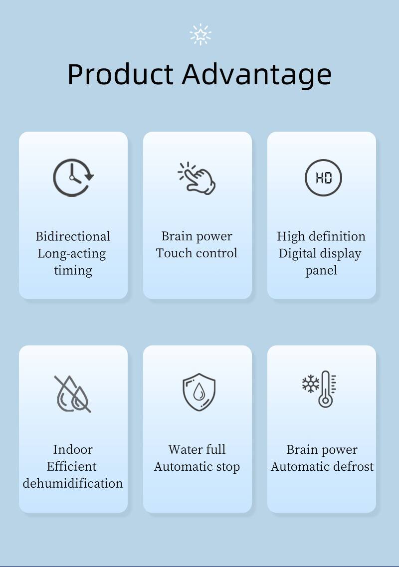 Product Advantage

- Bidirectional Long-acting timing
- Brain power Touch control
- High definition Digital display panel
- Indoor Efficient dehumidification
- Water full Automatic stop
- Brain power Automatic defrost