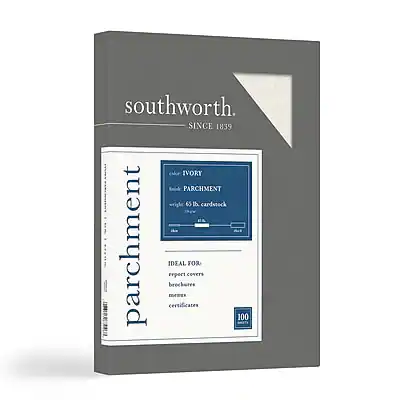 southworth
SINCE 1839
parchment
Ivory Parchment
White 65 lb. cardstock
IDEAL FOR
report covers
brochures
certificates
100