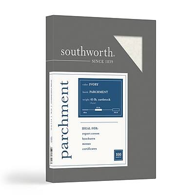 southworth  
SINCE 1839  

parchment  
Ivory Parchment  
White 65 lb. cardstock  

IDEAL FOR  
report covers  
brochures  
certificates  

100