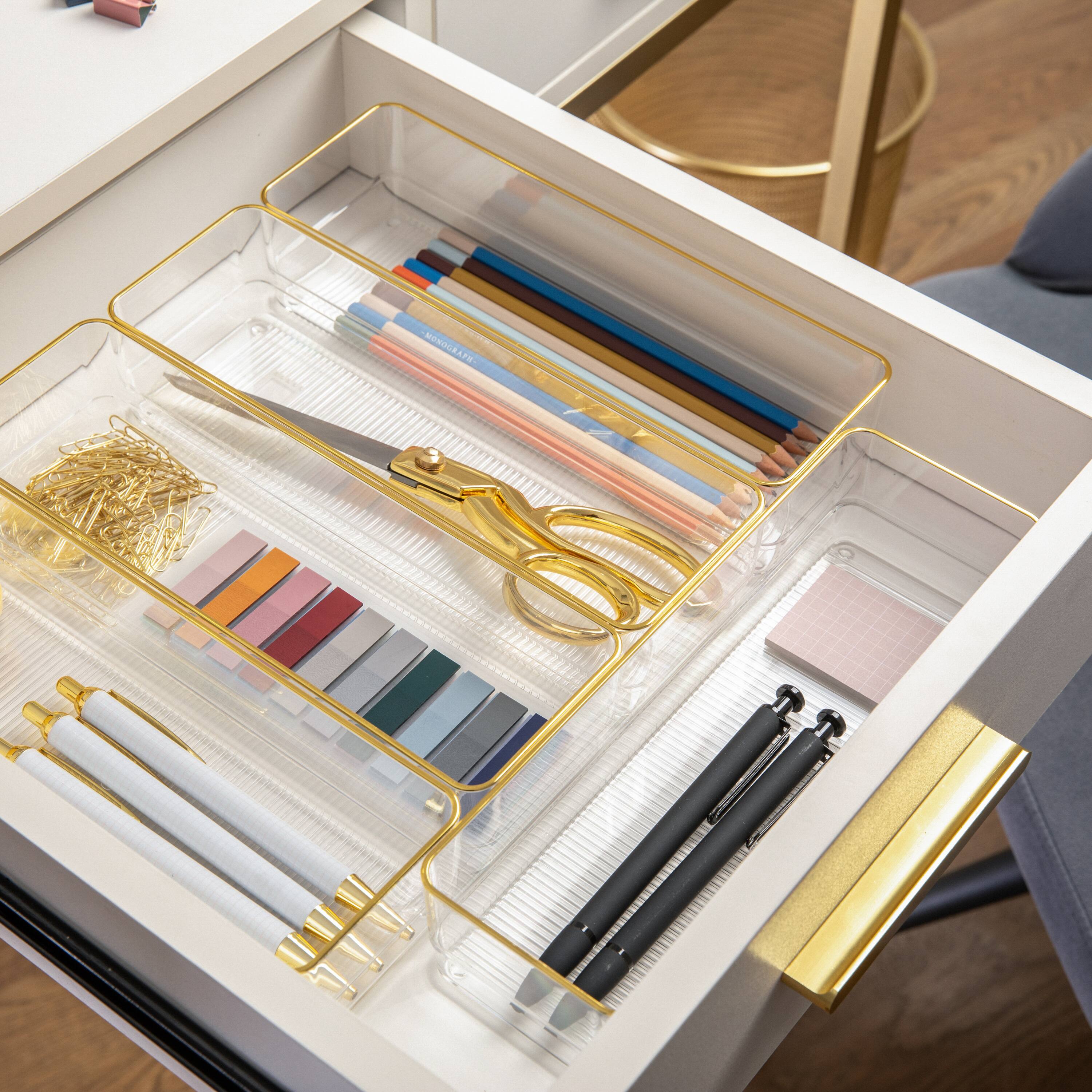 Alt View 11. Martha Stewart - Kerry Set of 6 Plastic Stacking Desk Drawer Organizers with Gold Trim - 12 x 3 - Clear/Gold Trim.